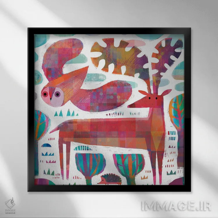 تابلو جغد، گوزن و خارپشت اثر گارث لوکاس - نمای قابدار مشکی