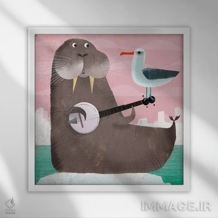 تابلو والروس با بانجو و مرغ دریایی اثر گارث لوکاس - نمای قابدار سفید