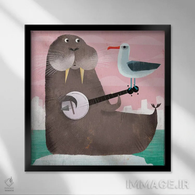 تابلو والروس با بانجو و مرغ دریایی اثر گارث لوکاس - نمای قابدار مشکی