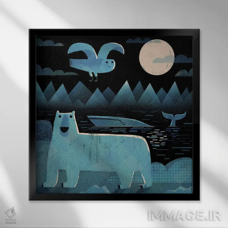 تابلو خرس، نهنگ و جغد اثر گارث لوکاس - نمای قابدار مشکی