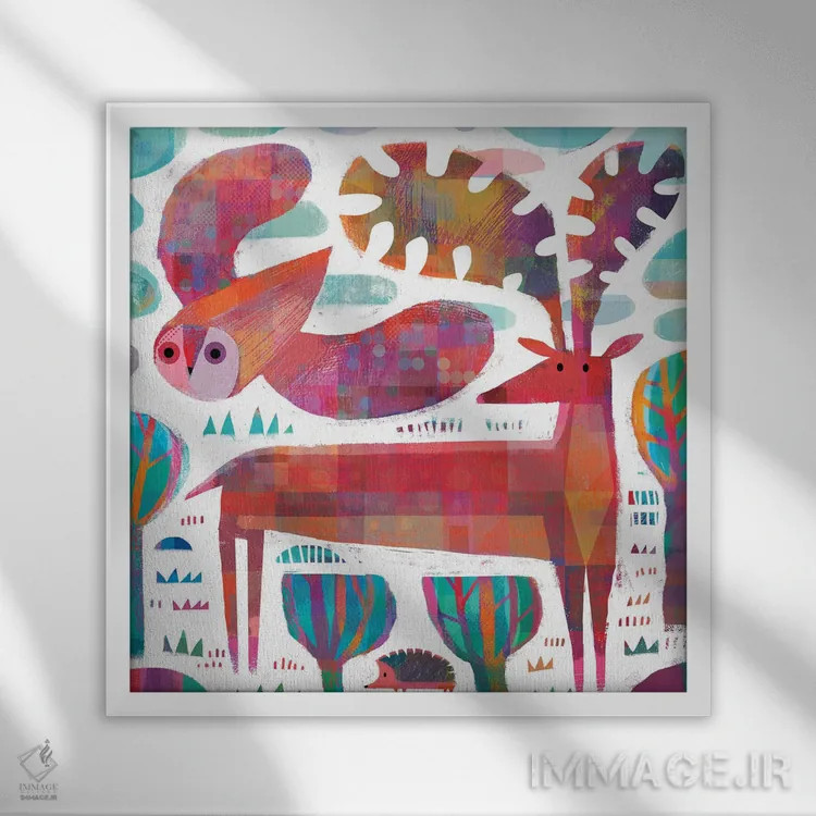 تابلو جغد، گوزن و خارپشت اثر گارث لوکاس - نمای قابدار سفید