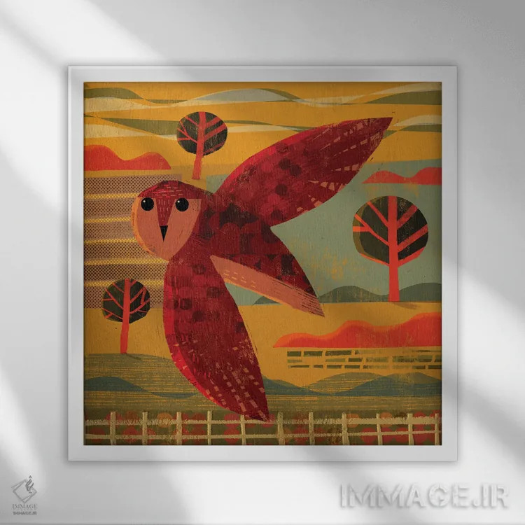 تابلو جغد در غروب آفتاب اثر گارث لوکاس - نمای قابدار سفید