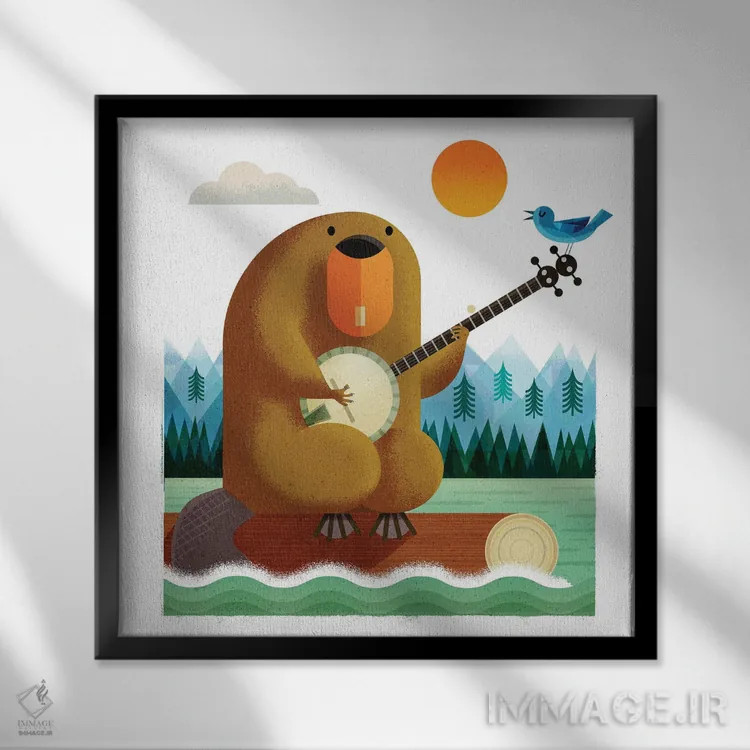 تابلو سگآبی با بانجو و پرندهٔ آبی اثر گارث لوکاس - نمای قابدار مشکی