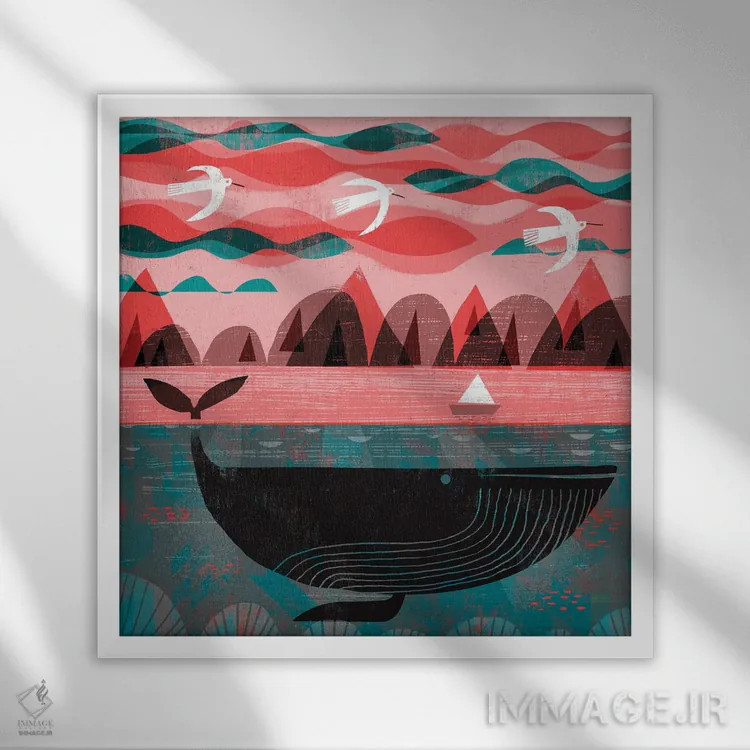 تابلو نهنگ با آسمان صورتی اثر گارث لوکاس - نمای قابدار سفید