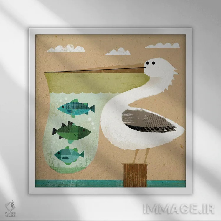 تابلو آکواریوم پلیکانها اثر گارث لوکاس - نمای قابدار سفید