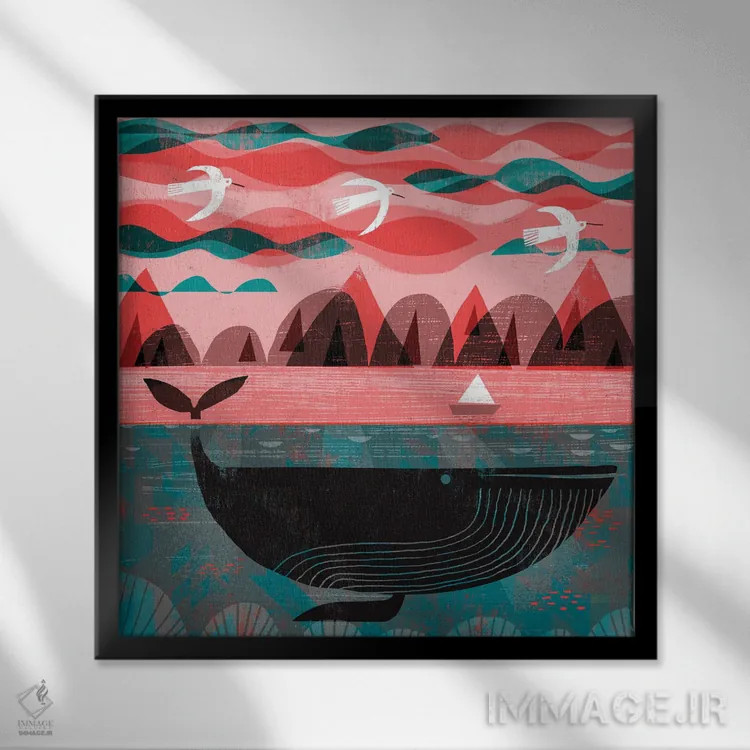 تابلو نهنگ با آسمان صورتی اثر گارث لوکاس - نمای قابدار مشکی