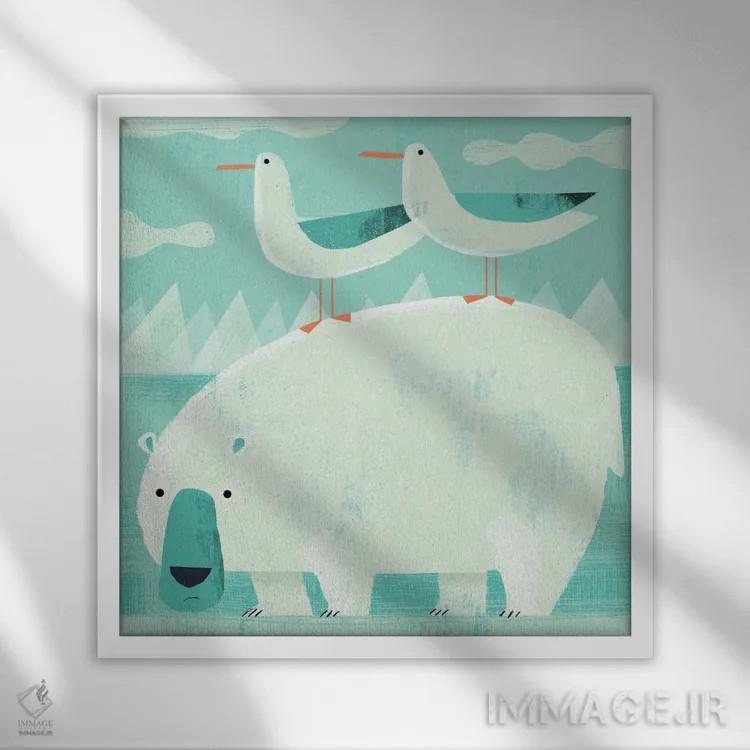 تابلو خرس قطبی با پرندگان مزاحم اثر گارث لوکاس - نمای قابدار سفید