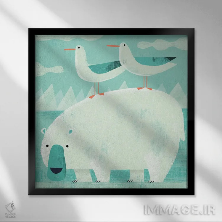 تابلو خرس قطبی با پرندگان مزاحم اثر گارث لوکاس - نمای قابدار مشکی