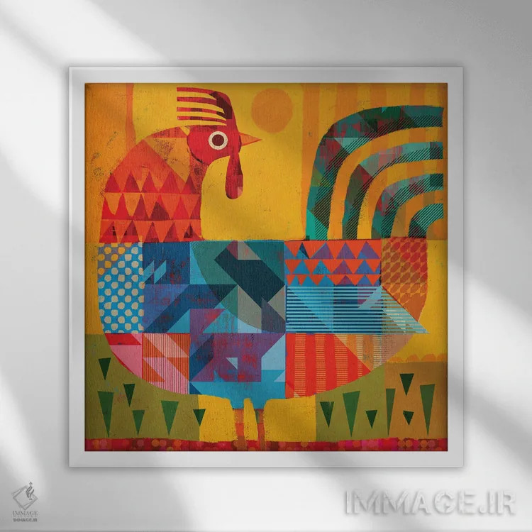 تابلو خروس وصلهدار (ابرنگی) اثر گارث لوکاس - نمای قابدار سفید