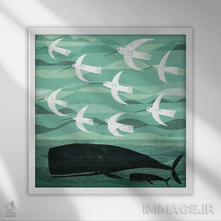 تابلو نهنگ و پرندگان در حال پرواز اثر گارث لوکاس - نمای قابدار سفید