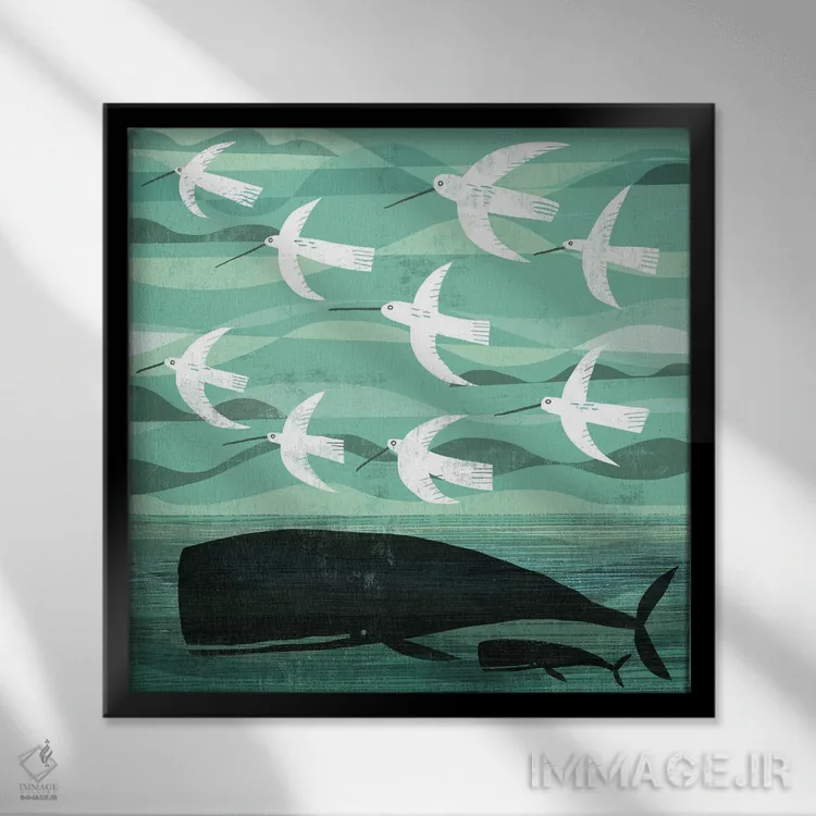 تابلو نهنگ و پرندگان در حال پرواز اثر گارث لوکاس - نمای قابدار مشکی