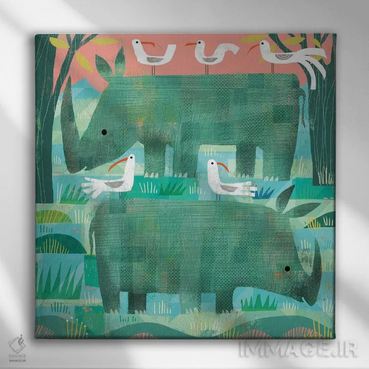 تابلو کرگدنهای سبز اثر گارث لوکاس - نمای روبهرو روی دیوار