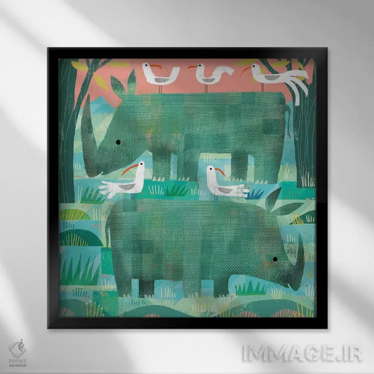 تابلو کرگدنهای سبز اثر گارث لوکاس - نمای قابدار مشکی