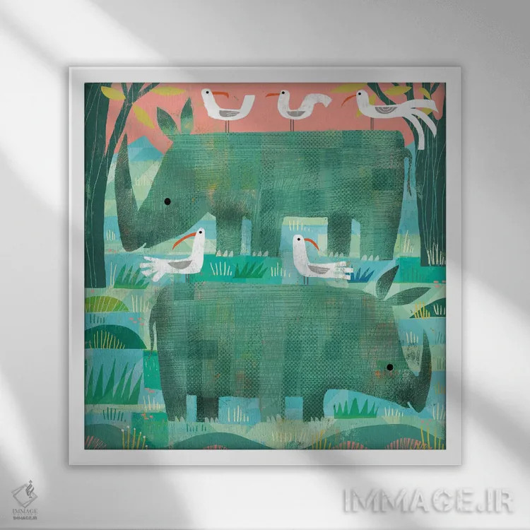 تابلو کرگدنهای سبز اثر گارث لوکاس - نمای قابدار سفید