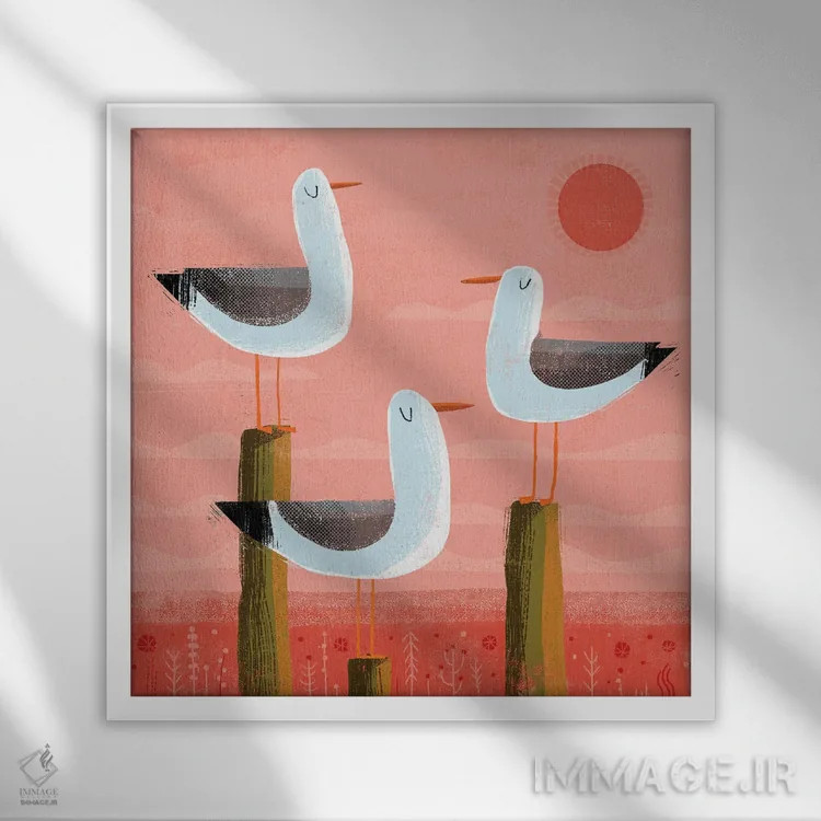 تابلو سه مرغ دریایی اثر گارث لوکاس - نمای قابدار سفید