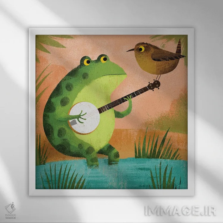 تابلو وزغ و فنچ اثر گارث لوکاس - نمای قابدار سفید