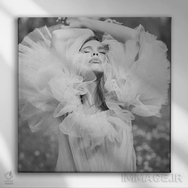 تابلو پرتره هنری بانوی زیبا با لباس سفید ۲ اثر جورج مایر - نمای روبهرو روی دیوار