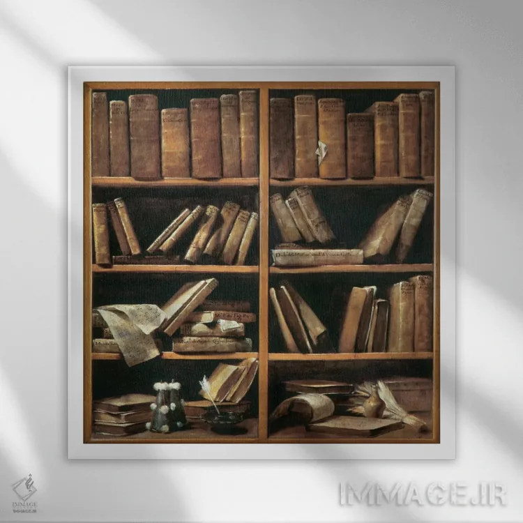 تابلو قفسههایی با کتابهای موسیقی (ایتالیایی) اثر جوزپه ماریا کرِسپی (نقاش ایتالیایی) - نمای قابدار سفید