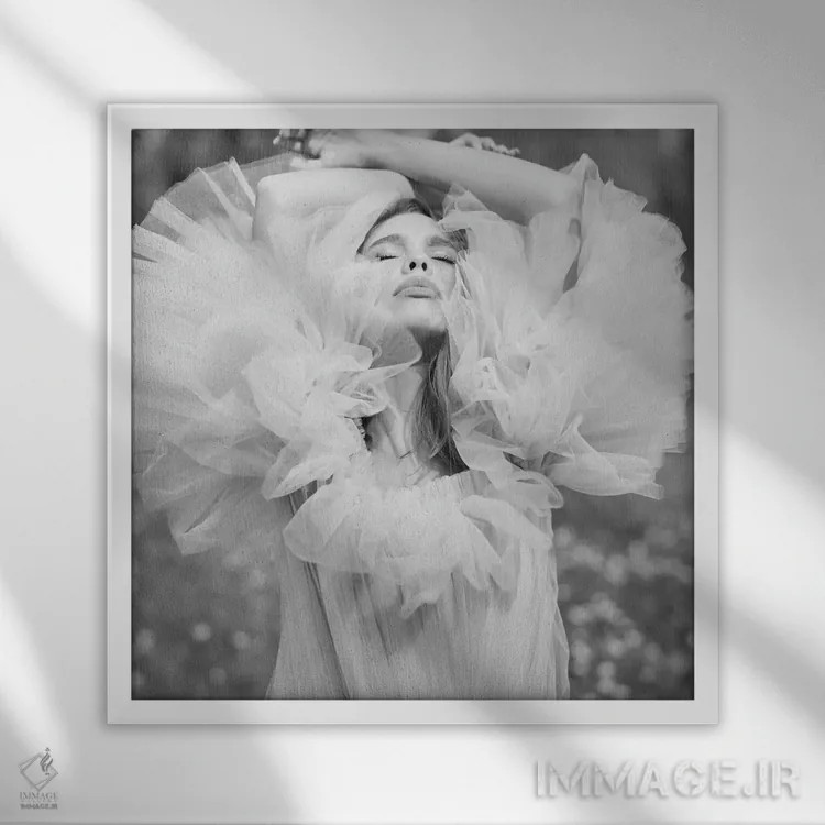 تابلو پرتره هنری بانوی زیبا با لباس سفید ۲ اثر جورج مایر - نمای قابدار سفید