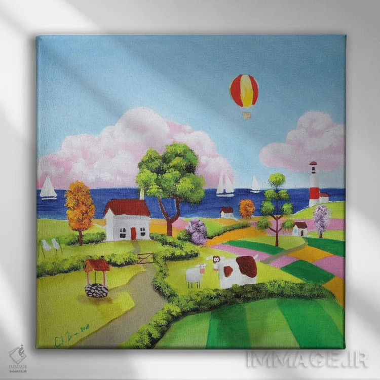 تابلو گاو، گوسفند و یک بادکنک اثر گوردون بروس - نمای روبهرو روی دیوار