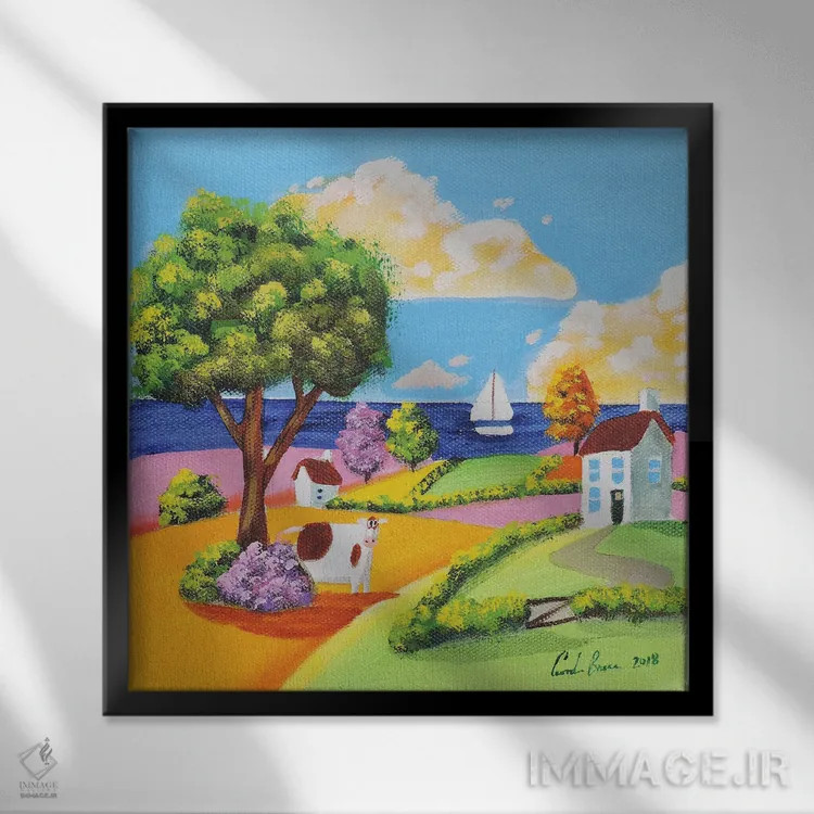 تابلو گاو در مزرعه اثر گوردون بروس - نمای قابدار مشکی