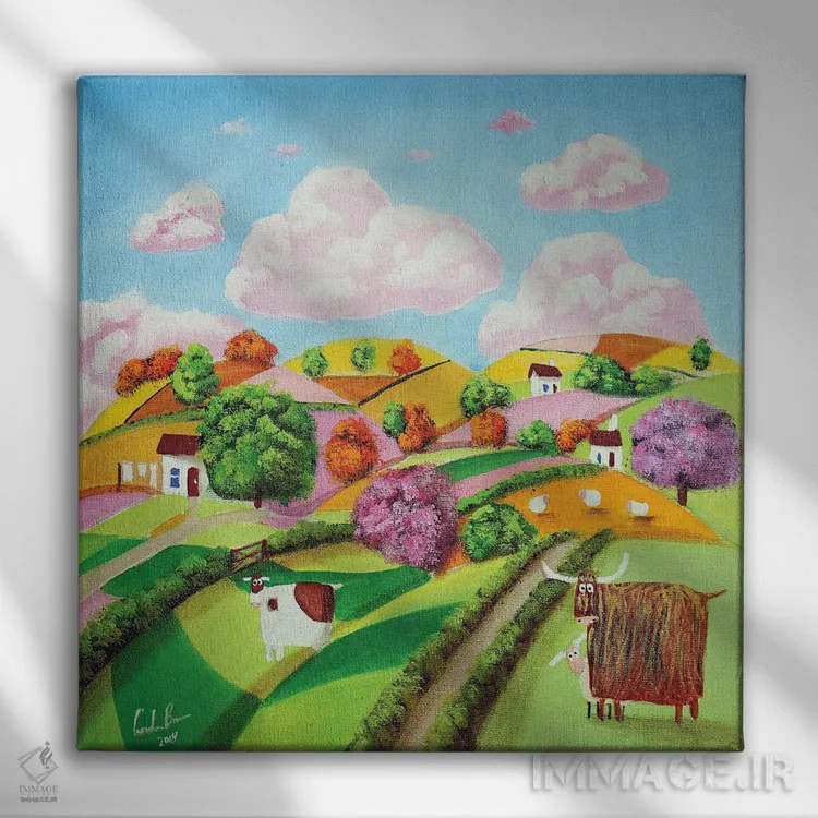 تابلو تپههای نرم و مزارع وصلهدوزیشده اثر گوردون بروس - نمای روبهرو روی دیوار