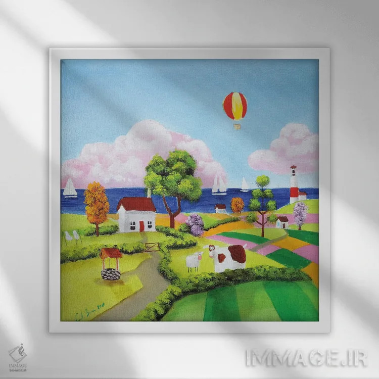 تابلو گاو، گوسفند و یک بادکنک اثر گوردون بروس - نمای قابدار سفید