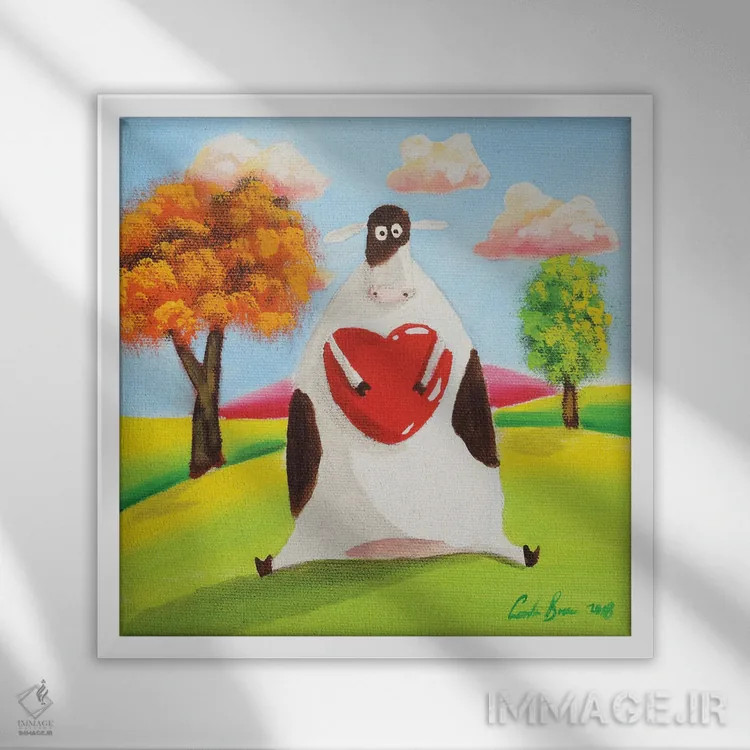 تابلو گاو با قلب اثر گوردون بروس - نمای قابدار سفید