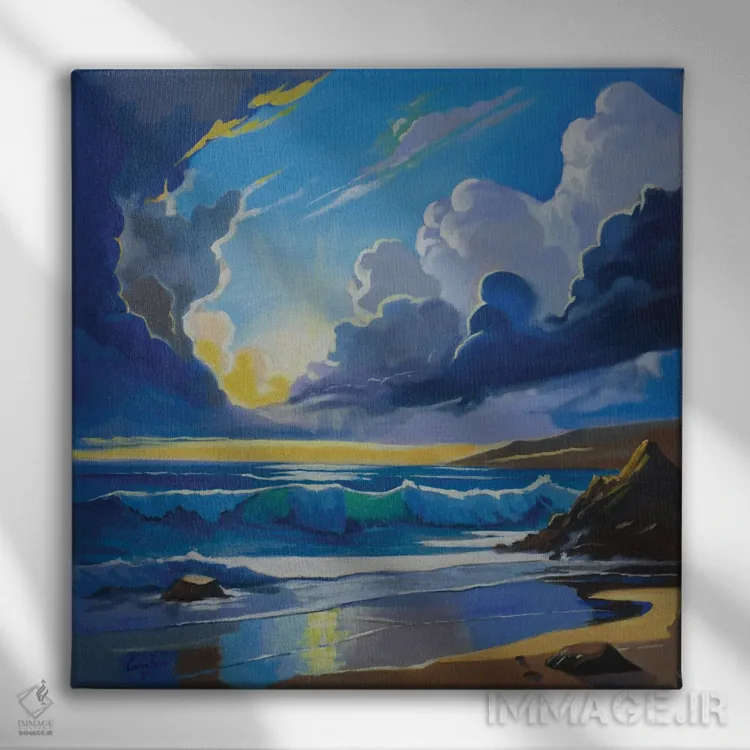 تابلو طلوع خورشید بر اقیانوس اثر گوردون بروس - نمای روبهرو روی دیوار