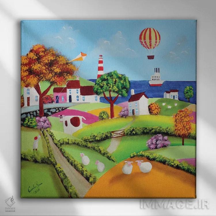 تابلو گوسفندان و یک بالن هوای گرم اثر گوردون بروس - نمای روبهرو روی دیوار