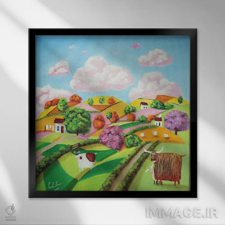 تابلو تپههای نرم و مزارع وصلهدوزیشده اثر گوردون بروس - نمای قابدار مشکی