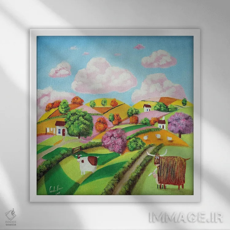تابلو تپههای نرم و مزارع وصلهدوزیشده اثر گوردون بروس - نمای قابدار سفید