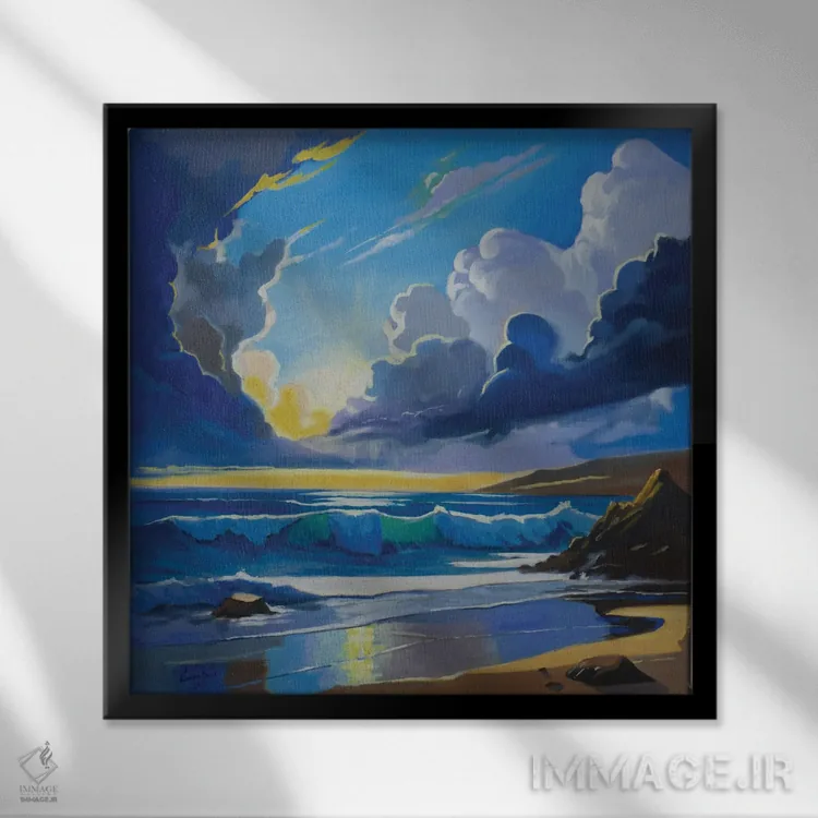 تابلو طلوع خورشید بر اقیانوس اثر گوردون بروس - نمای قابدار مشکی