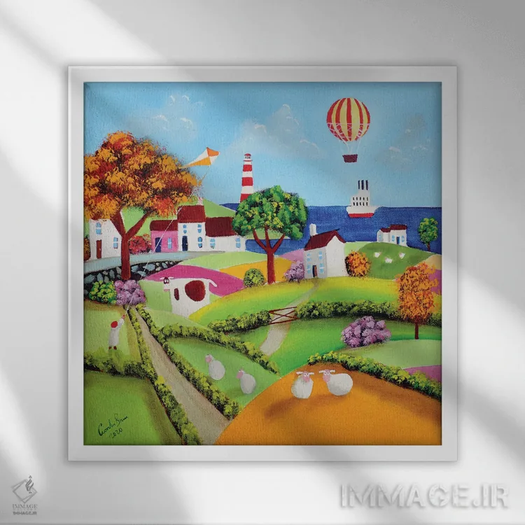 تابلو گوسفندان و یک بالن هوای گرم اثر گوردون بروس - نمای قابدار سفید