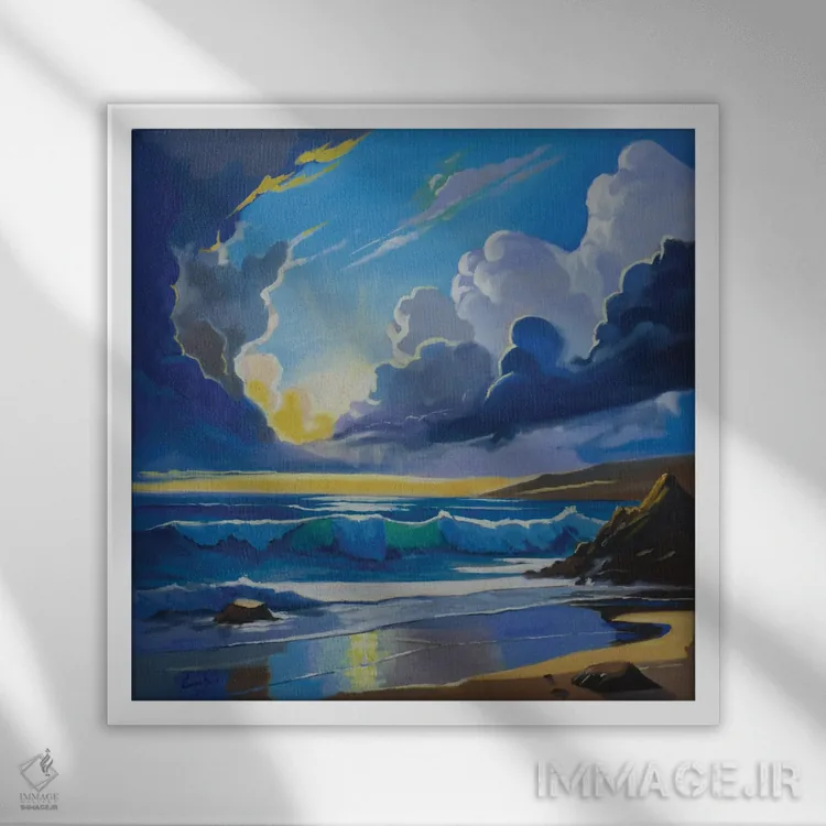 تابلو طلوع خورشید بر اقیانوس اثر گوردون بروس - نمای قابدار سفید