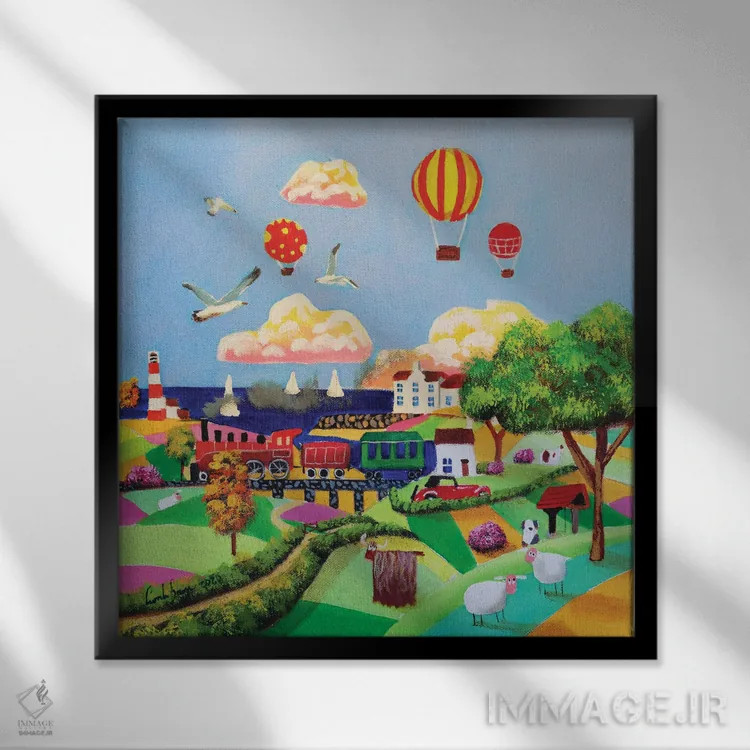 تابلو قطار بخار قرمز اثر گوردون بروس - نمای قابدار مشکی