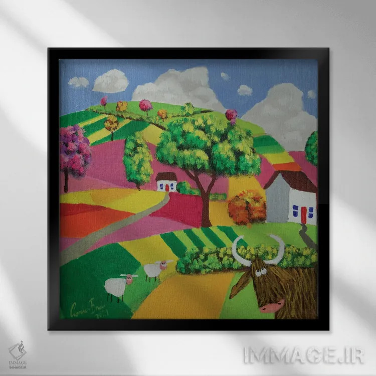 تابلو گاو کوهستانی و گوسفند اثر گوردون بروس - نمای قابدار مشکی