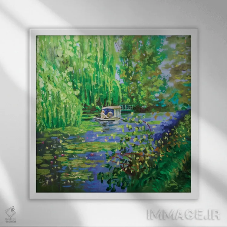تابلو برکهٔ نیلوفر آبی مونه اثر گوردون بروس - نمای قابدار سفید