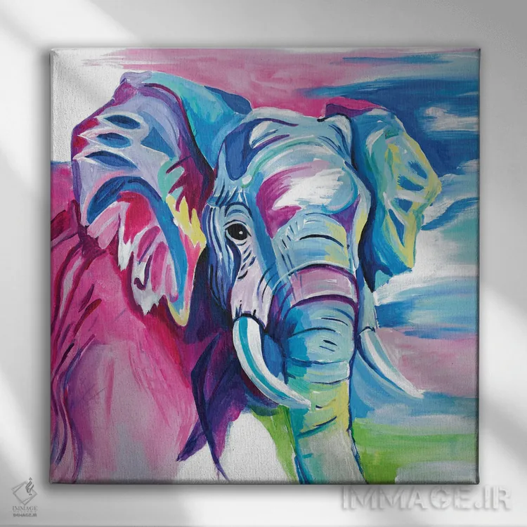 تابلو فیل رنگارنگ شاد اثر چلسیا گودریچ - نمای روبهرو روی دیوار