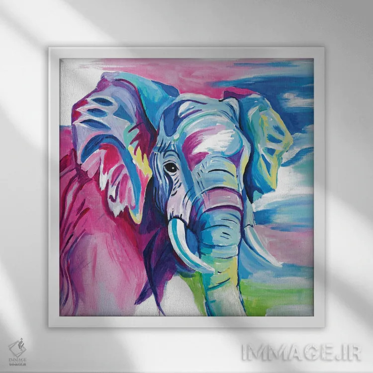 تابلو فیل رنگارنگ شاد اثر چلسیا گودریچ - نمای قابدار سفید