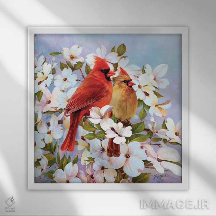 تابلو جفت کارباورال و درختان داگوود اثر گرگ جوردانو - نمای قابدار سفید