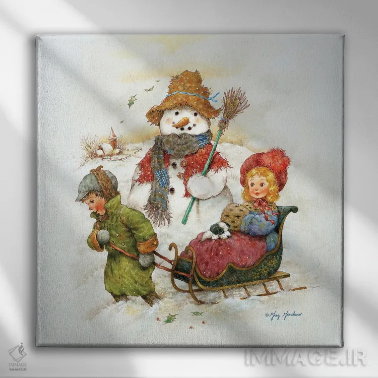 تابلو آدم برفی با کودکان اثر گرگ جوردانو - نمای روبهرو روی دیوار