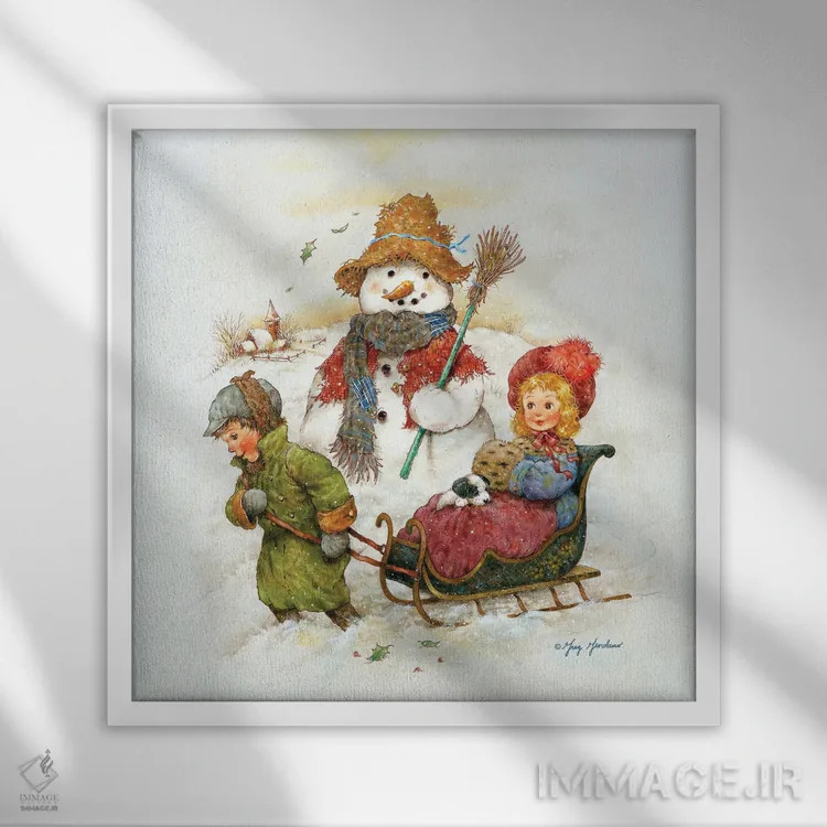 تابلو آدم برفی با کودکان اثر گرگ جوردانو - نمای قابدار سفید