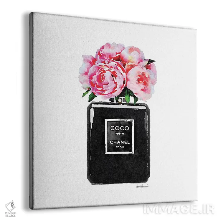 تابلو عطر کوکو نویر با گل صدتومانی صورتی اثر آماندا گرینوود - نمای پرسپکتیو محصول