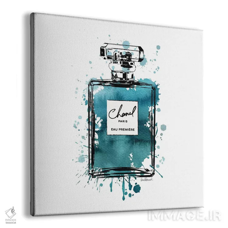 تابلو بطری عطر جوهری سبزآبی-مشکی، مربع اثر آماندا گرینوود - نمای پرسپکتیو محصول