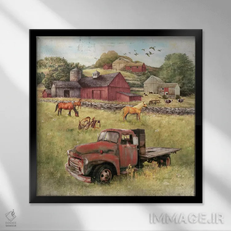 تابلو انبارها و کامیون قدیمی اثر گرگ جوردانو - نمای قابدار مشکی