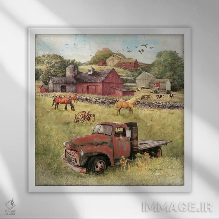 تابلو انبارها و کامیون قدیمی اثر گرگ جوردانو - نمای قابدار سفید