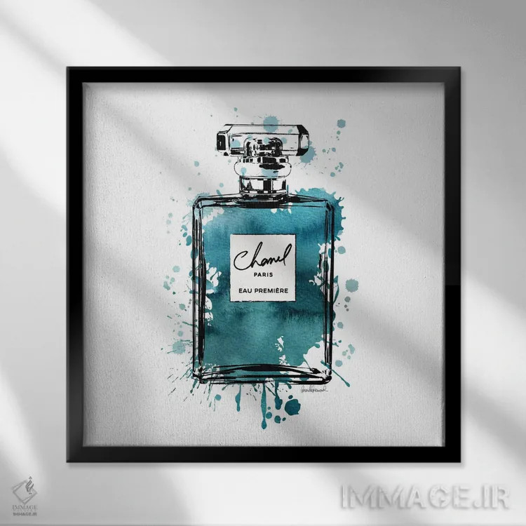 تابلو بطری عطر جوهری سبزآبی-مشکی، مربع اثر آماندا گرینوود - نمای قابدار مشکی