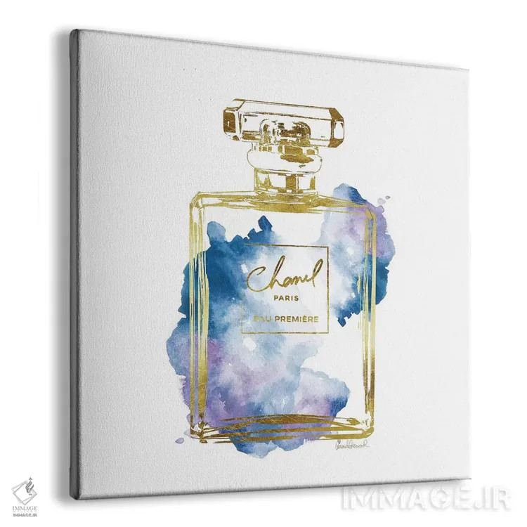 تابلو بطری عطر طلایی و آبی اثر آماندا گرینوود - نمای پرسپکتیو محصول