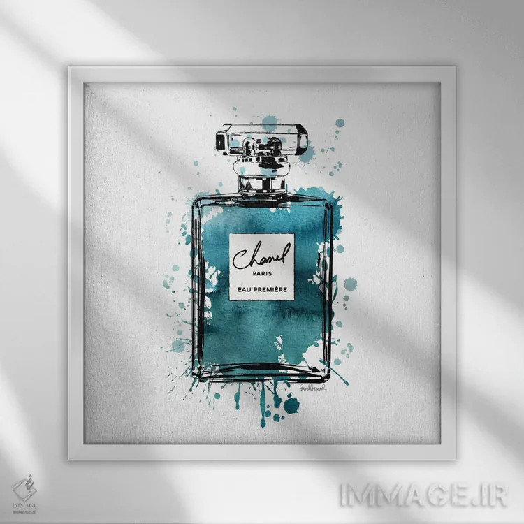 تابلو بطری عطر جوهری سبزآبی-مشکی، مربع اثر آماندا گرینوود - نمای قابدار سفید